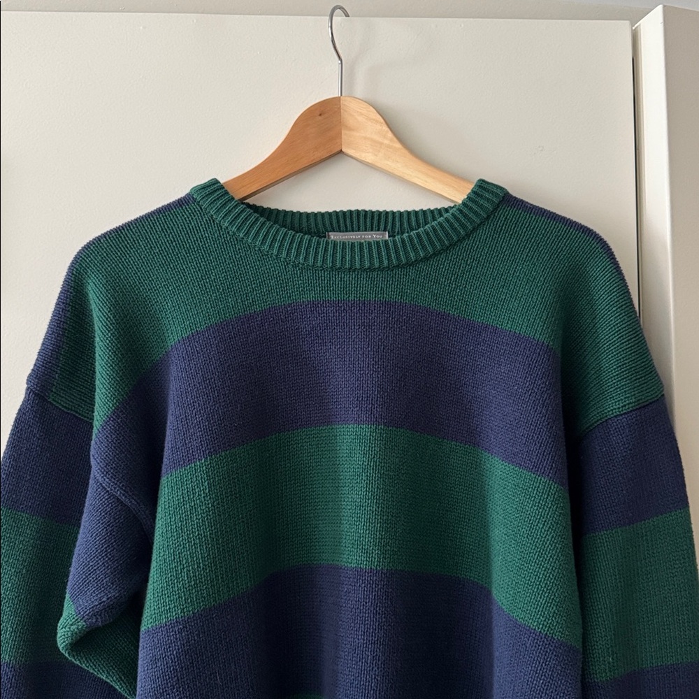 Vintage 100% Cotton Rugby Stripe Crewneck Sweater in Blue and Green, size M